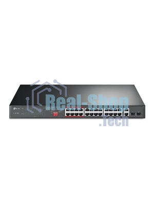 Коммутатор 24-port 10/100Mbps Unmanaged PoE+ Switch with 2 combo RJ-45/SFP uplink ports, metal case, rack mount, 24 802.3af/at compliant PoE+ ports, 2 gigabit combo RJ-45/SFP uplink ports, DIP switches for Extend mode, Isolation mode and Priority mode, up to 25