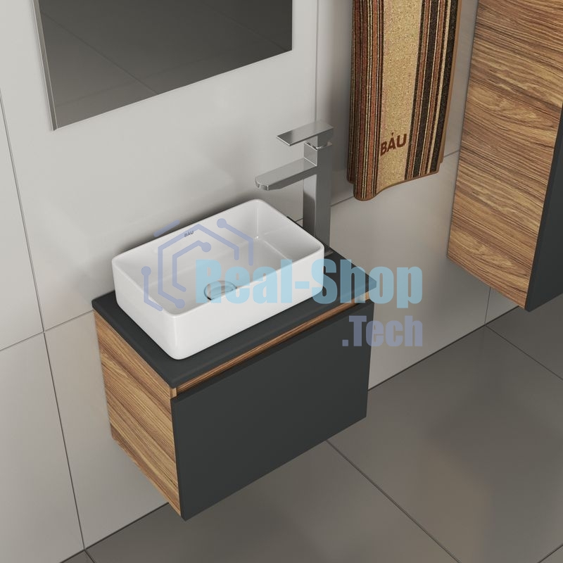 Комплект для ванной, 4 предмета (тумба Bau 50, графит + раковина BAU Hotel mini 37х23 + смеситель Hotel Still, выпуск клик-клак, хром)