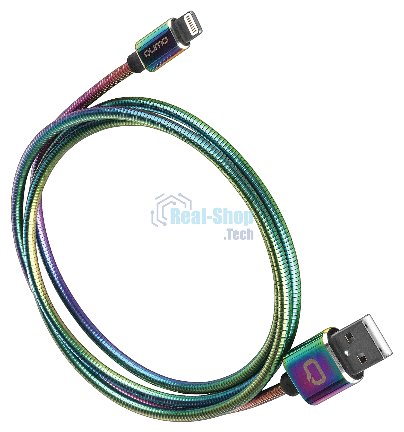 Кабель Qumo, MFI С48, USB-Apple 8 pin, 1м, 5В, 2,4A, 12Вт, опл. металл. пружинка, кон. металл, rainbow