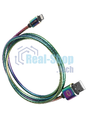 Кабель Qumo, MFI С48, USB-Apple 8 pin, 1м, 5В, 2,4A, 12Вт, опл. металл. пружинка, кон. металл, rainbow