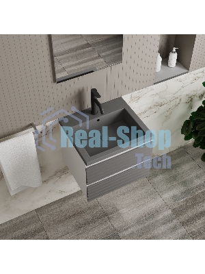 Тумба под раковину Bau Stil Loft grey brushed, раковина кварцевая BAU Stil 50, серый металлик, смеситель Dream Black, черный