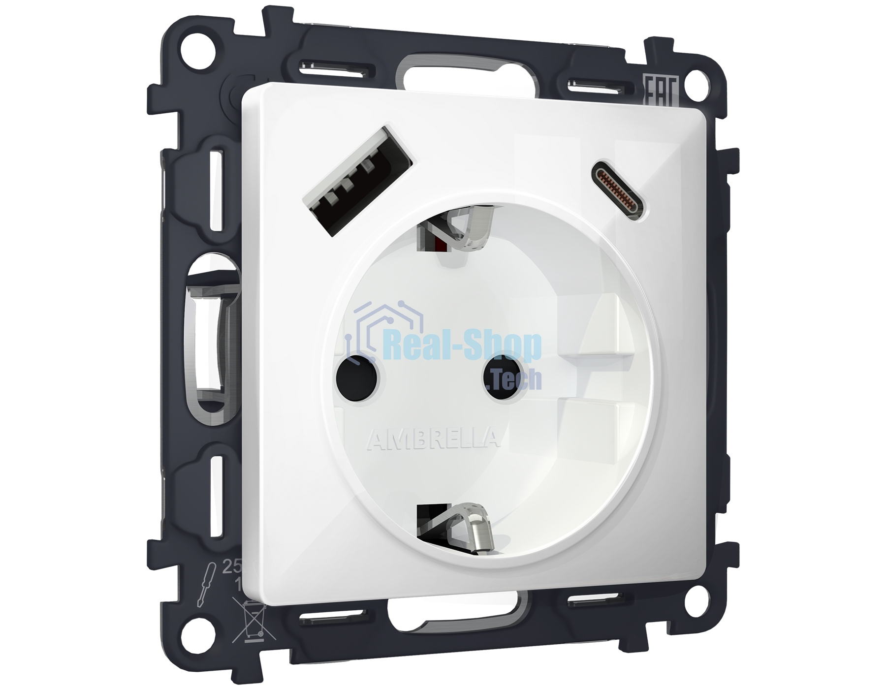 Комплект механизма электрической розетки ALFA Белый глянец 2USB A+C 20W (быстрая зарядка) с/з QUANT (AP1100, VM160) MA110010