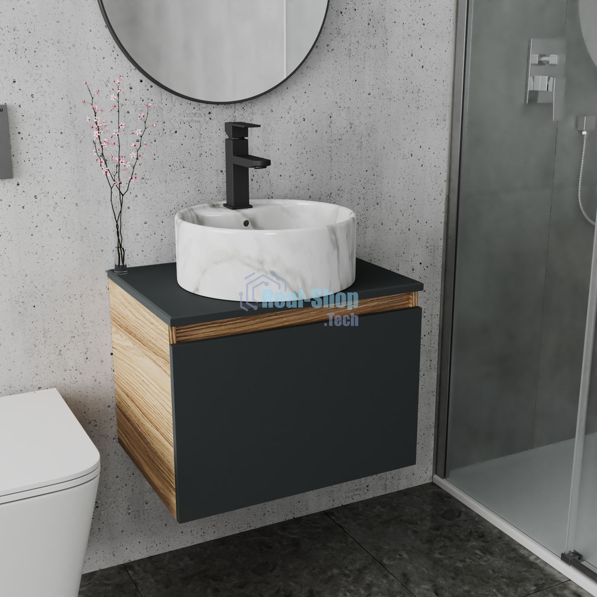 Комплект: тумба Bau Dream Blackwood графит 60, 1 ящик, раковина круглая накладная BAU Element D41, мрамор, смеситель Hotel Black, черный матовый