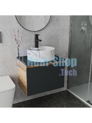 Комплект: тумба Bau Dream Blackwood графит 60, 1 ящик, раковина круглая накладная BAU Element D41, мрамор, смеситель Hotel Black, черный матовый