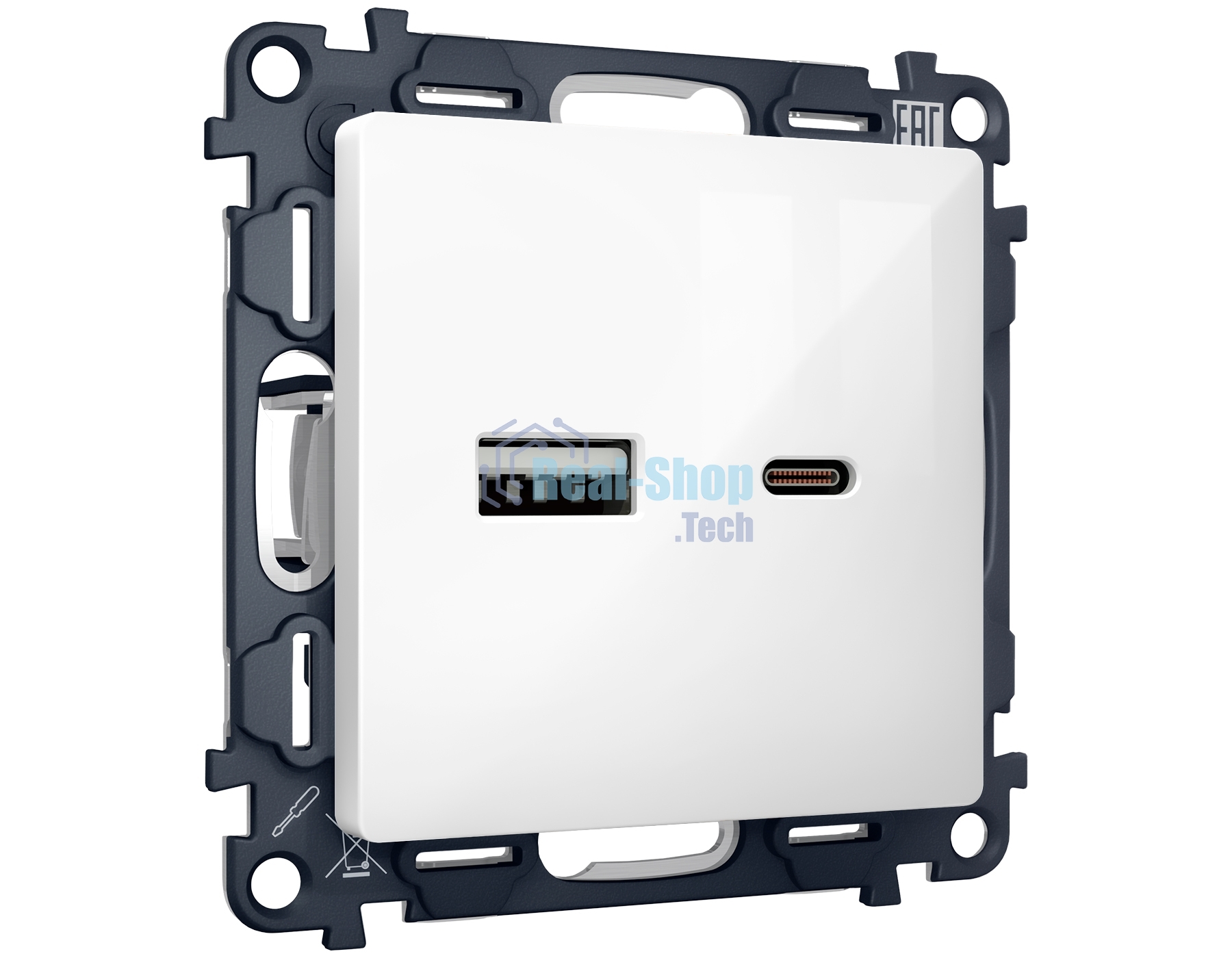 Комплект механизма розетки ALFA Белый глянец 2USB A+C 20W (быстрая зарядка) QUANT MA111010