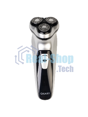 Электробритва Galaxy Line GL 4209, серебряный с черным, роторная, аккумуляторная, 5 Вт, Li-Ion аккумулятор емкостью 600 мА*ч, время непрерывной работы до 1,5 ч, ножи из нержавеющей стали, 3 независимые плавающие головки, возможность промывки бреющего блока, индикатор заряда и работы, встроенный триммер для подравнивания висков, USB зарядка