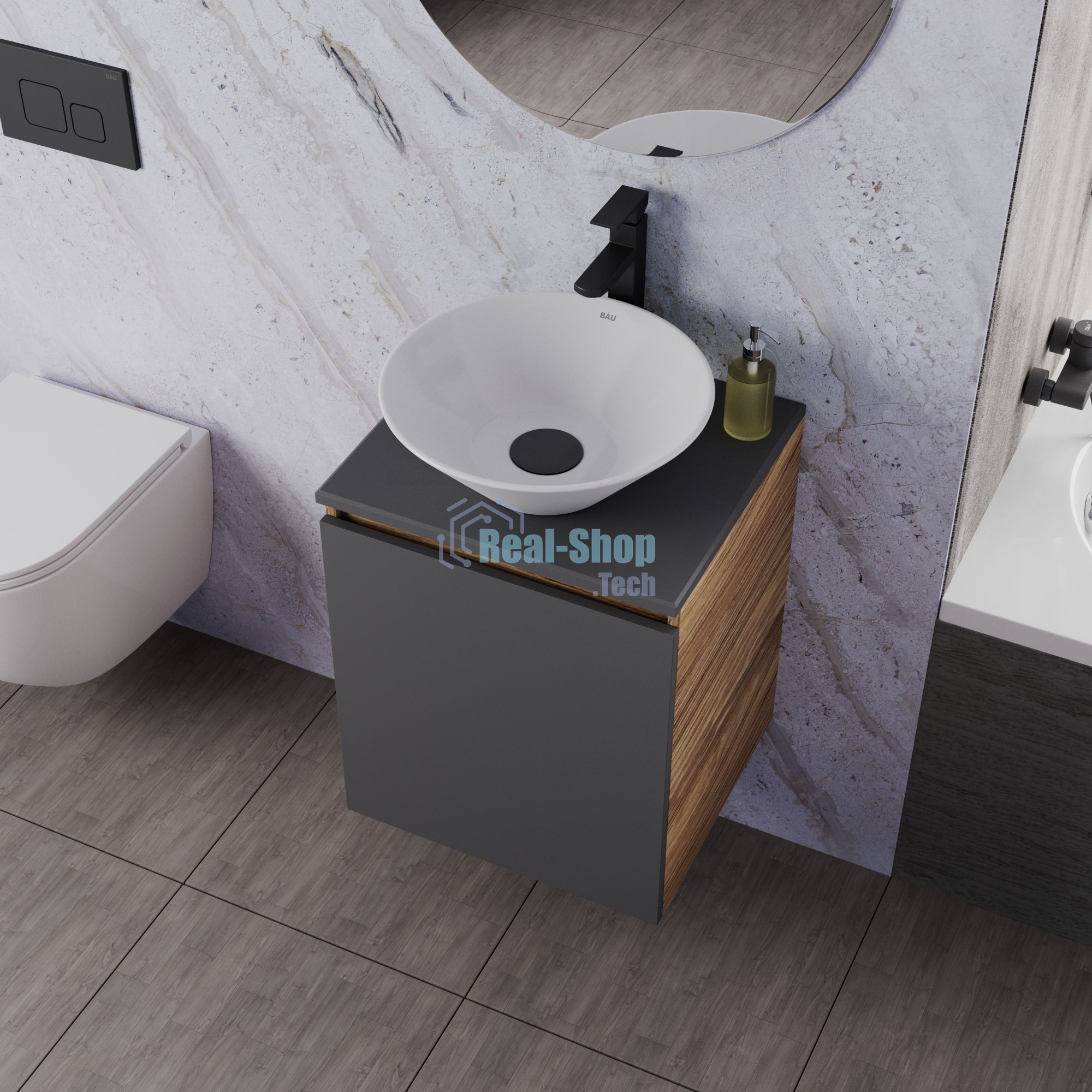 Тумба Bau Dream Blackwood 50 графит, раковина BAU Dream D43, смеситель для раковины высокий Hotel Black, черный, выпуск клик клак, черный