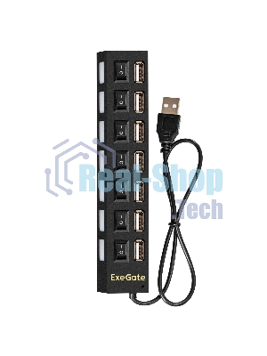 USB-концентратор ExeGate EX293978RUS DUB-72SW (кабель-адаптер USB2.0 --> 7xUSB2.0, кнопки включения/отключения для каждого порта, Plug&Play, черный)