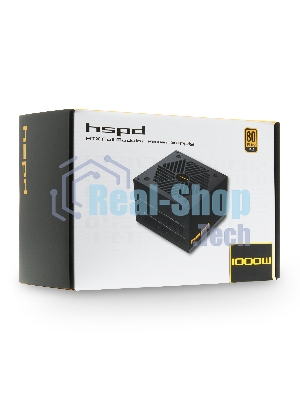Блок питания HSPD, 1000W 80 PLUS Gold (ATX, 2.52, Full modular, 1x24(20+4)pin mesh 550мм, 1xCPU*2 8(4+4)pin 650+150мм, 2xPCIe*2 8(6+2)pin 500+150мм, 2xSATA*3 450+150+150мм, 1xMOLEX4pin*3 450+150+150мм, Active, 120x120мм, 150x140x86мм, APFC, OVP, UVP, SCP, OCP, OTP, OPP, NLO, SIP, black)