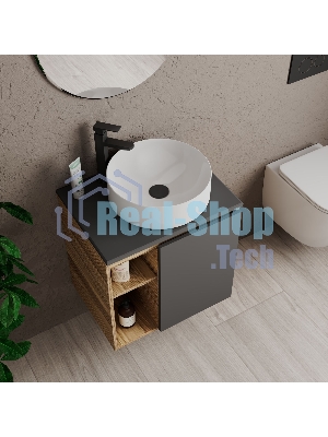 Тумба Bau Dream Blackwood 60 правая, графит, раковина BAU Dream круглая D41, смеситель для раковины высокий Hotel Black, черный, выпуск клик клак, черный