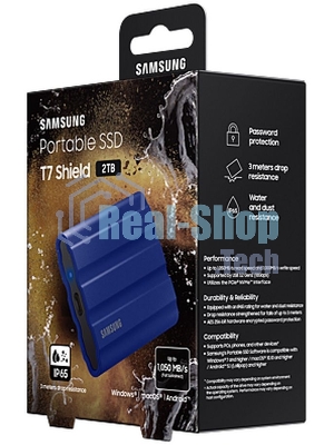 Внешний SSD Samsung T7 Shield, 2TB, USB 3.2 Gen 2 Type-C, R/W 1050/1000, синий