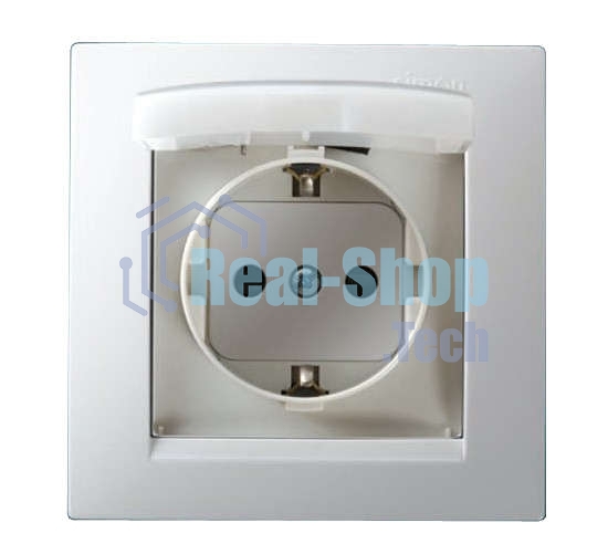 Розетка 1-м СП Simon15 с защ. крышкой защ. шторки с заземл. IP44 бел. Simon 1590450-030