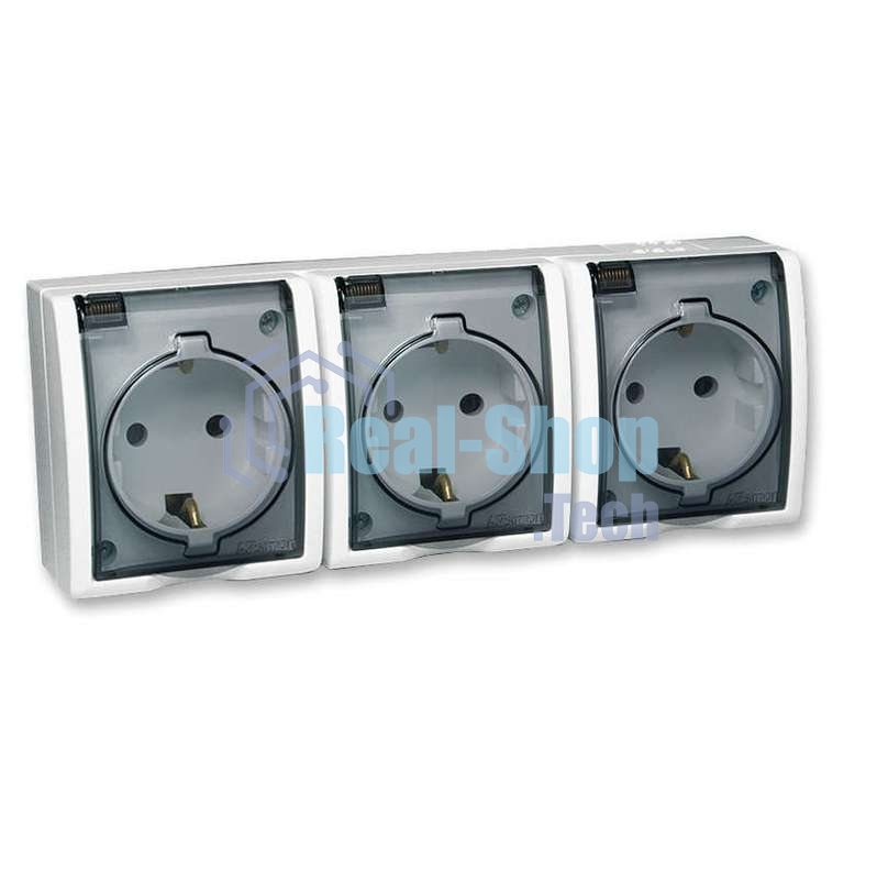 Розетка 3-м ОП Simon15 с защ. крышкой с заземл. IP54 бел. Simon 1594437-030