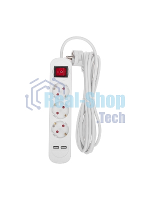Удлинитель Rexant STANDARD 3 гнезда, 3 м, 3х1,0 мм², с/з, с выключателем, 2 USB, белый