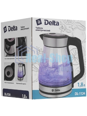 Чайник электрический DELTA DL-1124 корпус из жаропр. стекла, 1500Вт, 1,8л, черный (12)