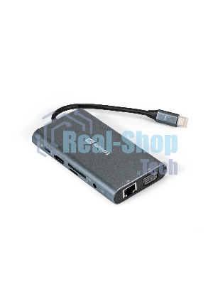 USB-концентратор ExeGate EX293985RUS DUB-31C/MAX (кабель-адаптер USB Type-C --> 3xUSB3.0 + Card Reader + PD 100W + HDMI 4K@30Hz + VGA + Audio + Lan RJ45 10/100/1000Mb, Plug&Play, серый)