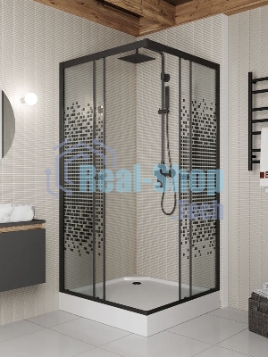 Душевой уголок BAU Stil квадратный с поддоном 80x80х195, прозрачное закаленное стекло с черным рисун