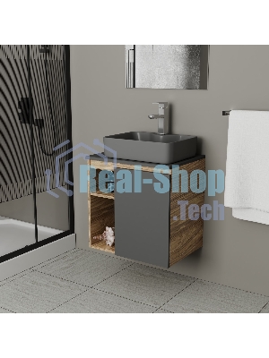 Тумба Bau Dream Blackwood 60 правая, графит, раковина BAU Cerama 48х37 темно-серая матовая, смеситель Hotel Still, нерж. сталь