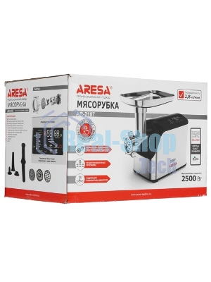 Мясорубка электрическая ARESA AR-2107 серебристый, 2500 Вт, 2.8 кг/мин, реверс, защита от перегрузки, насадки - 5