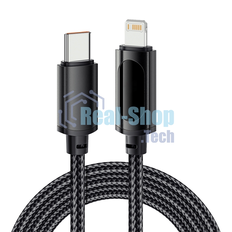 Кабель Rexant Type-C – Lightning для Apple, 3А, 1м, в черной нейлоновой оплетке, с LED-дисплеем