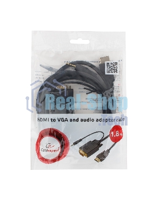 Кабель HDMI->VGA Cablexpert A-HDMI-VGA-03-6, 19M/15M + 3.5Jack, медь, позол.разъемы, 1.8м, черный, пакет
