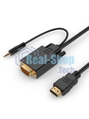 Кабель HDMI->VGA Cablexpert A-HDMI-VGA-03-10, 19M/15M + 3.5Jack, медь, позол.разъемы, 3м, черный, пакет