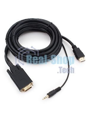 Кабель HDMI->VGA Cablexpert A-HDMI-VGA-03-5M, 19M/15M + 3.5Jack, медь, позол.разъемы, 5м, черный, пакет