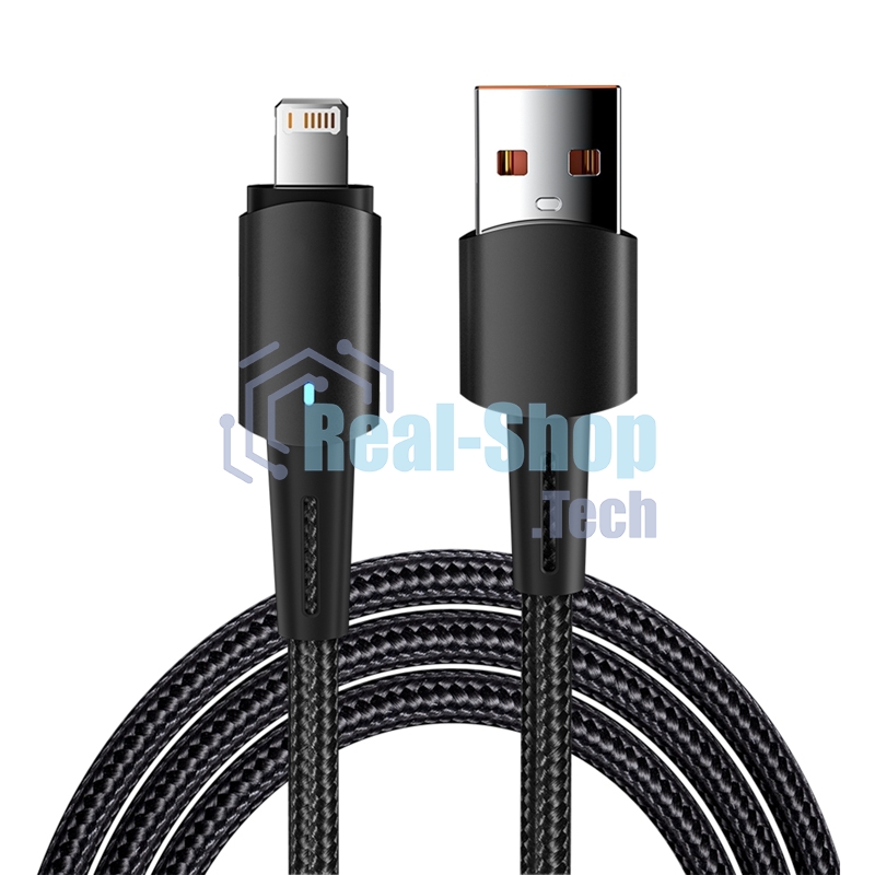 Кабель Rexant USB-A - Lightning для Apple, 2,4А, 1м, в черной нейлоновой оплетке, со световой индикацией