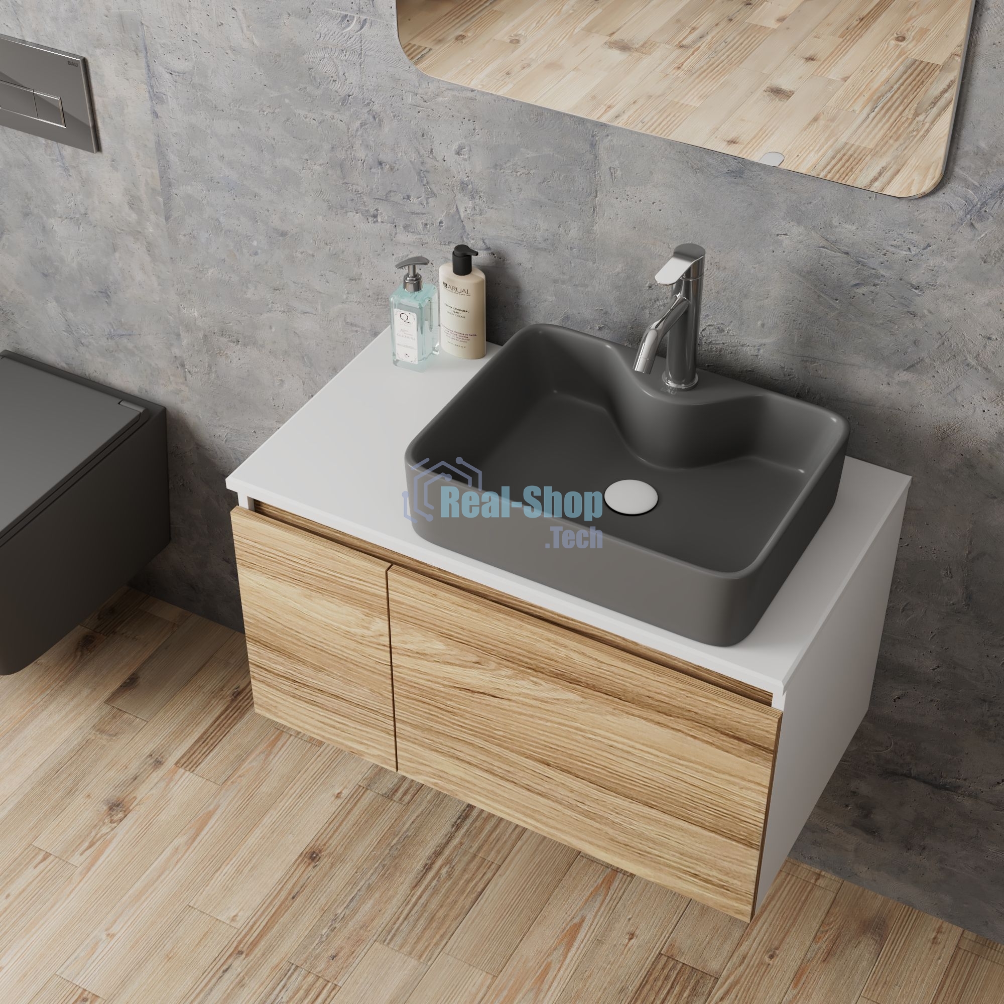 Комплект: тумба Bau Dream Blackwood 80, раковина BAU Cerama 48х37, темно-серая, смеситель Hotel Dream, нерж сталь, выпуск клик клак белый