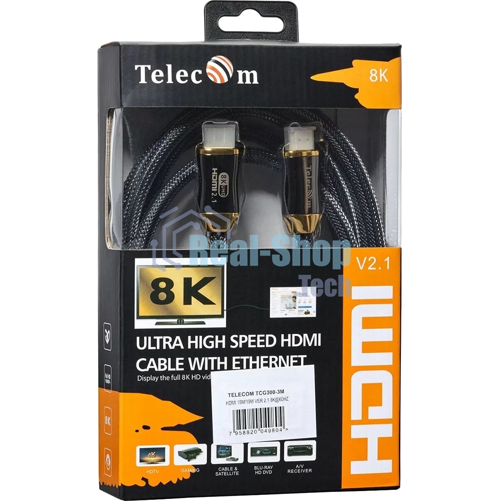 Кабель HDMI 19M/M,ver. 2.1, 8K@60 Hz 3m метал разъемы, нейлоновая оплетка Telecom TCG300-3M