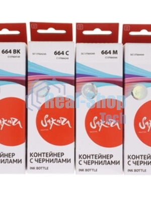 Набор чернил Sakura SIC13T664BA(664 BK) для Epson, водорастворимый тип, (черный, голубой, пурпурный, желтый), 4шт в наборе.