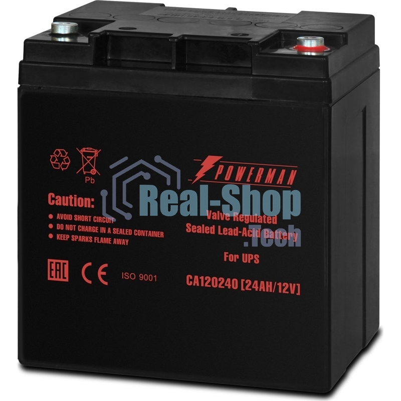 Батарея для ИБП Powerman Battery CA12240, напряжение 12В, емкость 24Ач, макс. ток разряда 360А, макс. ток заряда 7.2А, свинцово-кислотная типа AGM, тип клемм M1, Д/Ш/В 166/126/174, 8.4 кг. Battery POWERMAN Battery CA12240, voltage 12V, capacity 24Ah, max. discharge current 360A, max. charge current 7.2A, lead-acid type AGM, type of terminals M1,166мм x 126мм x 174мм, 8.4 kg.