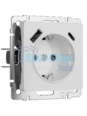 Розетка с заземлением, шторками и USB тип A+C (белый акрил)