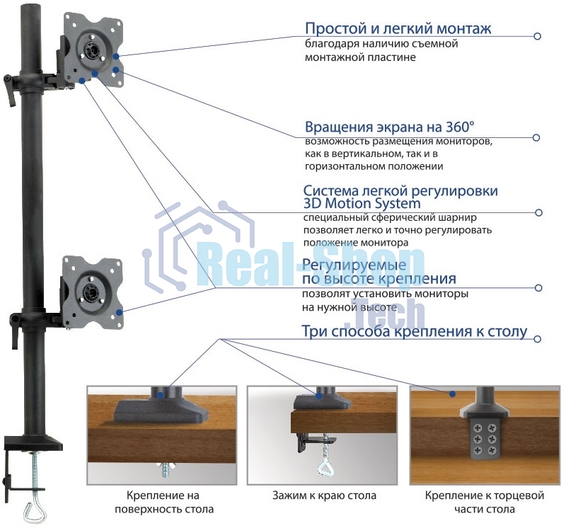 Настольное наклонно-поворотное крепление Kromax OFFICE-5, для 2-х LCD мониторов 13