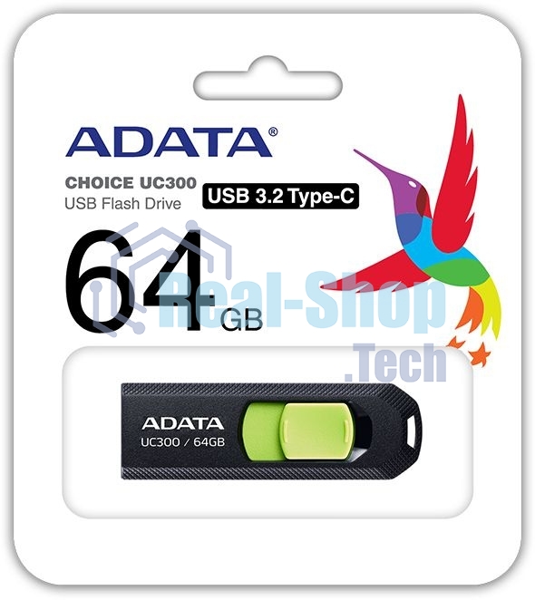 Флешка USB ADATA UC300 (ACHO-UC300-64G-RBK/GN), 64Gb, Type-C USB 3.2, R/W 100/30, черный/зеленый