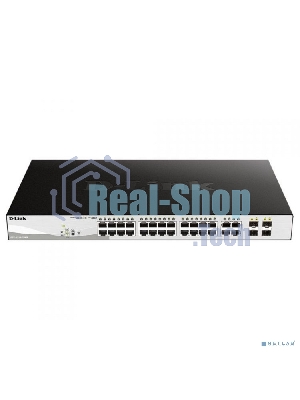 Коммутатор D-Link DGS-1210-28MP/FL1A, L2 Managed Switch with 24 10/100/1000Base-T ports and 4 100/1000Base-T/SFP combo-ports (24 PoE ports 802.3af/802.3at (30 W), PoE Budget 370 W).8K Mac address, 802.3x Flow C