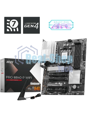 Материнская плата MSI PRO B840-P WIFI, Socket AM5, AMD B840, 4xDDR5, 4xSATA, 2xM.2, 1xPCI-E 4.0 x16, 1xPCI-E 3.0 x4, 3xPCI-E 3.0 x1, 1xHDMI, 1x 2.5Gb LAN, 4xUSB-A 2.0, 2xUSB-A 5Gbps, 1xUSB-C 5Gbps, 1xUSB-A 10Gbps, 1xUSB-C 10Gbps, 3x3.5 мм, 7.1, ATX