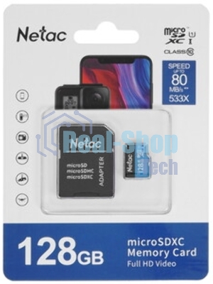 Флеш карта MicroSDXC 128Gb Netac Class 10 UHS-I U1 P500 Standart + адаптер NT02P500STN-128G-R