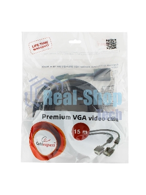 Кабель VGA Premium Cablexpert CC-PPVGA-15M-B, 15M/15M, 15м, черный, тройной экран, феррит.кольца, пакет