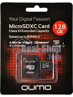 Флеш карта Micro SecureDigital 128Gb QUMO QM128GMICSDXC10U1 MicroSDXC Class 10 UHS-I, SD adapter
