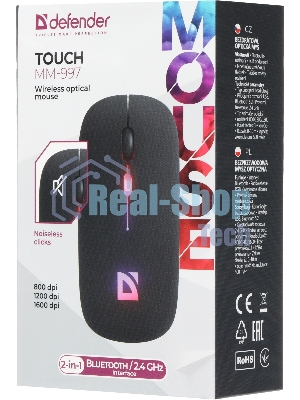 Мышь беспроводная Defender Touch MM-997 черный, 1600 dpi, радиоканал, Bluetooth, USB, кнопки - 4