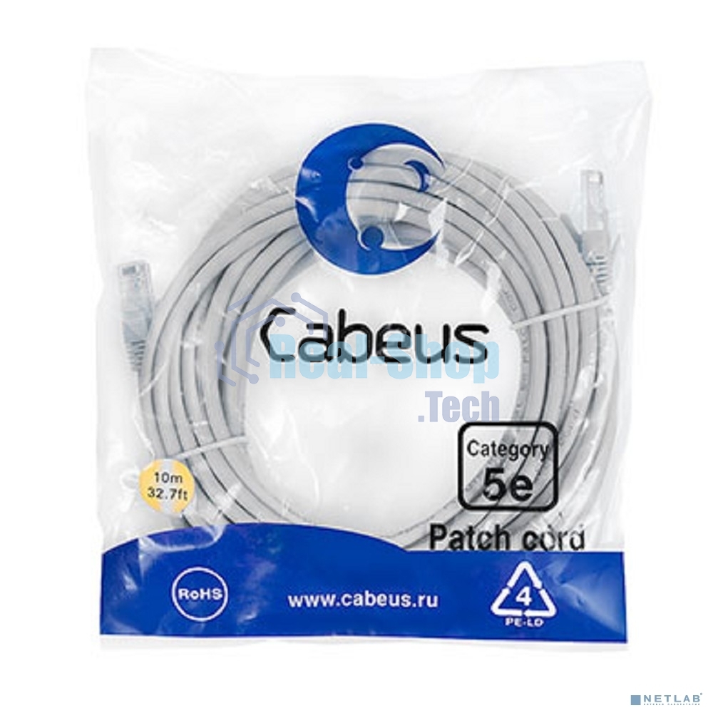 Патч-корд Cabeus PC-UTP-RJ45-Cat.5e-10m U/UTP, cat.5е, 2xRJ45/8p8c, неэкранированный, серый, PVC, 10м