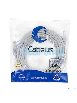 Патч-корд Cabeus PC-UTP-RJ45-Cat.5e-10m U/UTP, cat.5е, 2xRJ45/8p8c, неэкранированный, серый, PVC, 10м