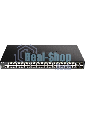 Коммутатор D-Link DGS-1250-52XMP/A1A, L2 Smart Switch with 48 10/100/1000Base-T ports and 4 10Gbase-X SFP+ ports (48 PoE ports 802.3af/802.3at (30 W), PoE Budget 370W).16K Mac address, 802.3x Flow Control, 4K
