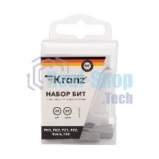 Набор бит Kranz 25 мм PH1, PH2, PZ1, PZ2, SL5.5, T30 с магнитным держателем (7 шт./уп.)