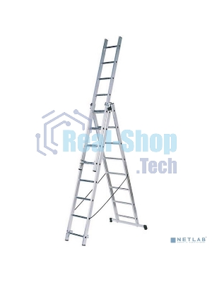 Лестница FIT 65434 трехсекционная алюминиевая 3х9 ступеней h=257/449/641 см вес 11.18кг