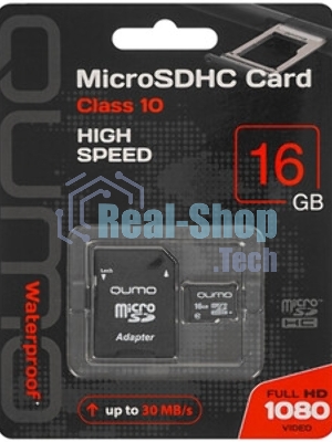 Флеш карта QUMO MicroSDHC 16Gb Сlass 10, адаптер в комплекте SD, черно-красная картонная упаковка