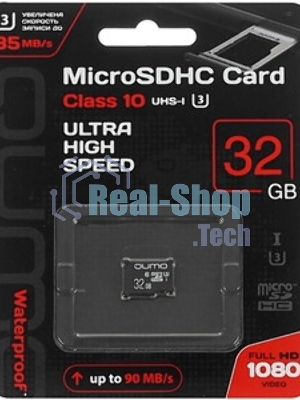 Флеш карта QUMO MicroSDHC 32Gb Сlass 10 UHS-I U3,3.0, адаптер в комплекте SD, черно-красная картонная упаковка (QM32GMICSDHC10U3)