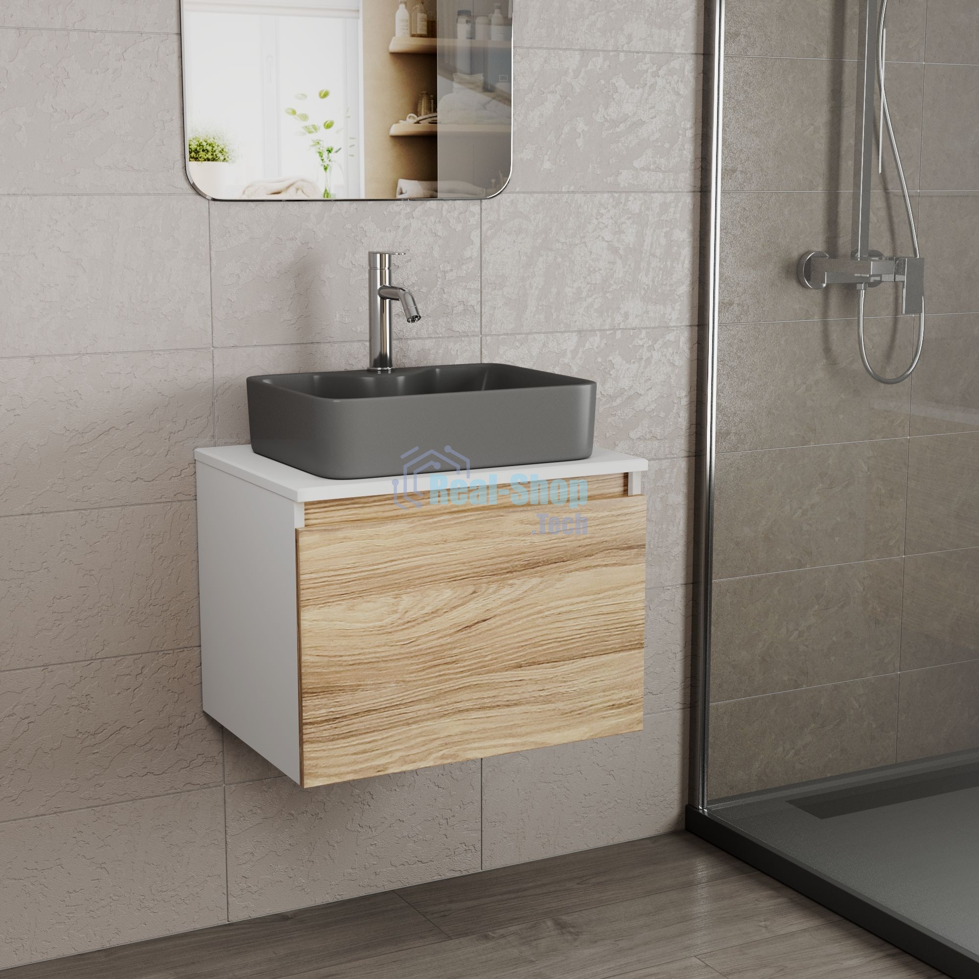 Комплект: тумба Bau Dream Blackwood 60, 1 ящик, раковина BAU Cerama 48х37, темно-серая, смеситель Hotel Dream, нерж сталь