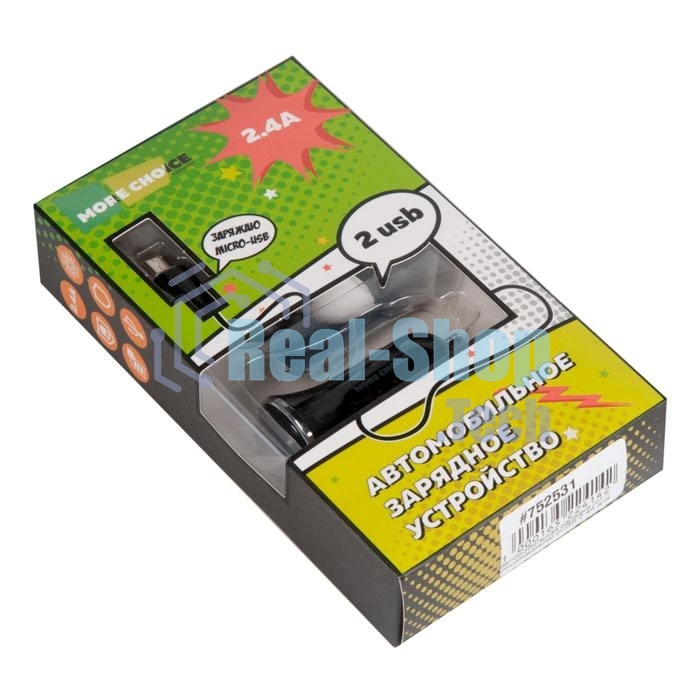 Автомобильная зарядка (от прикуривателя) More choice AC22m, два разъема USB, кабель Micro USB, 2.4A, черный